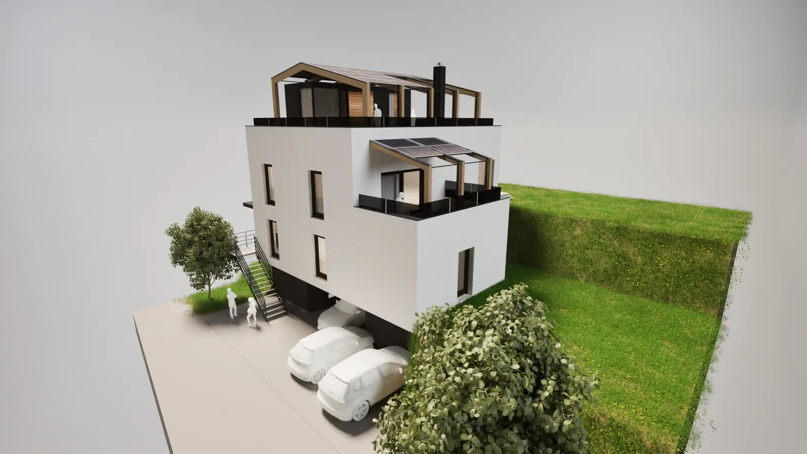 Ansicht des Wohnhauses mit neuer Dachterrasse