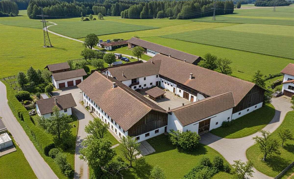 Luftaufnahme der historischen Scheune in Tyrlaching